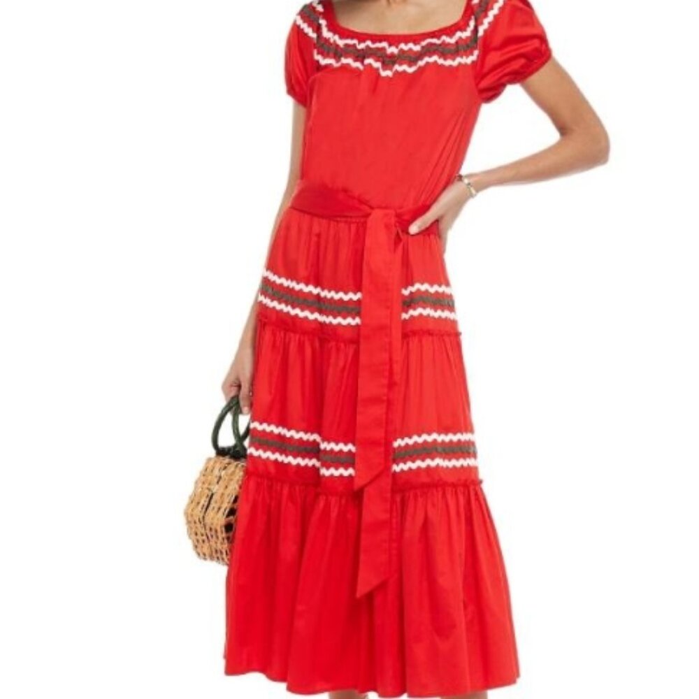 Tory Burch Embroidered Peasant Midi Dress Rickrack Trim Red Green White S, M$485 - Picture 4 of 9